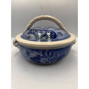 Studio Art Pottery Clay Irises Pot w/Lid Artist Signed 9"